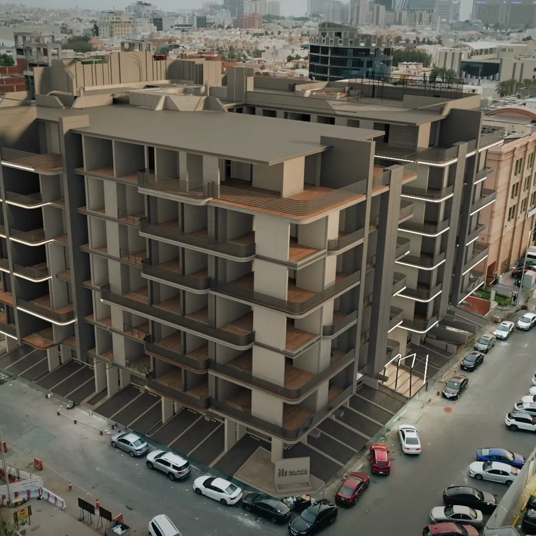 الهيكل الخرساني لمبنى سكني بعد اكتمال الأدوار، من الجو